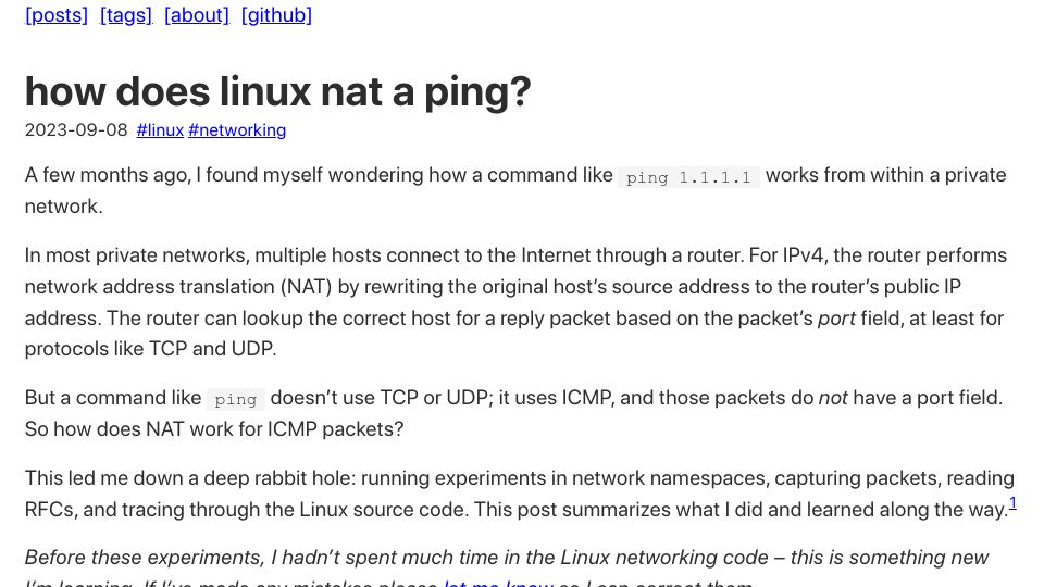 Screenshot of devnonsense.com: How does Linux NAT a ping?