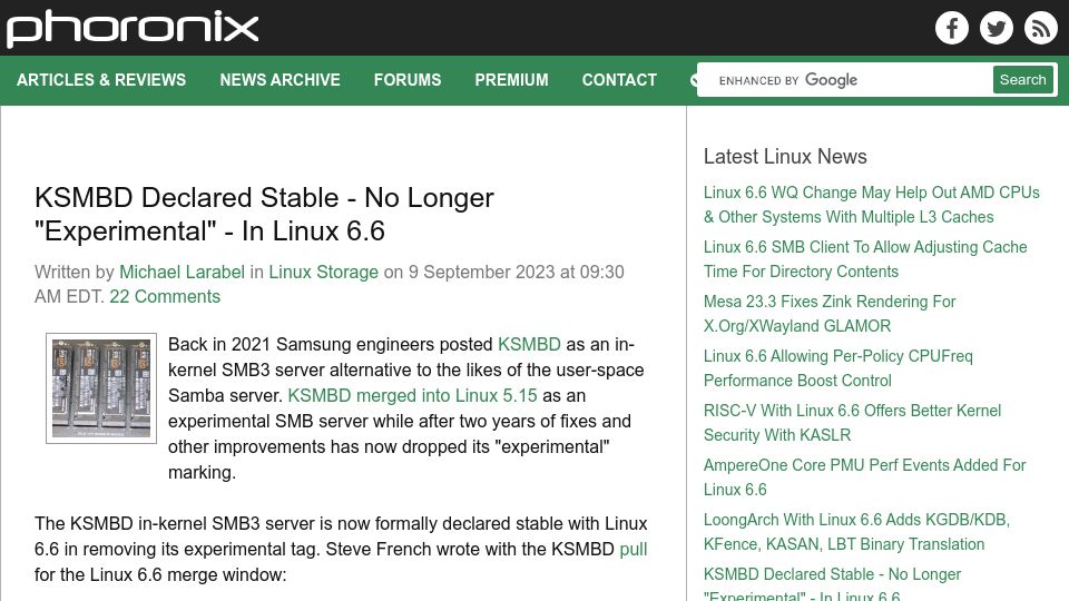 Screenshot of phoronix.com: KSMBD Declared Stable – No Longer “Experimental” – In Linux 6.6
