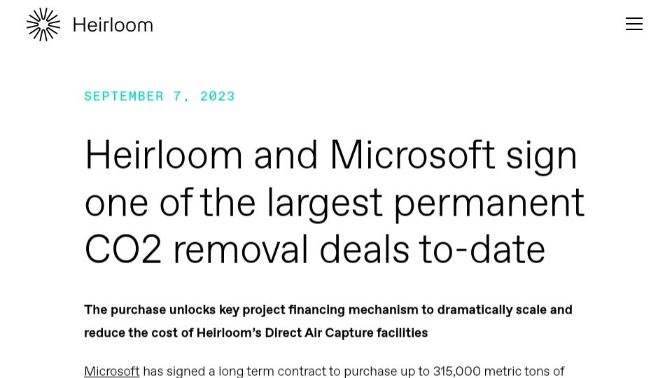 Screenshot of heirloomcarbon.com: Microsoft announces purchase of 315k tonnes of CO2 removal