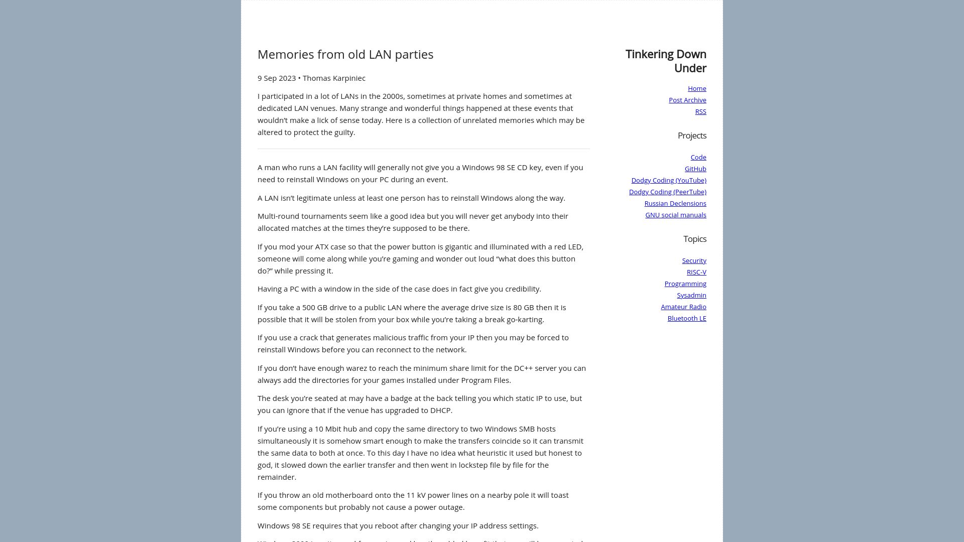 Screenshot of thomask.sdf.org: Memories from old LAN parties