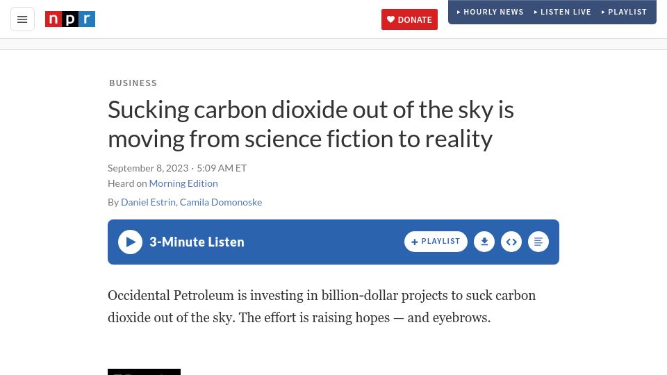 Screenshot of npr.org: Sucking carbon dioxide out of the sky is moving from science fiction to reality