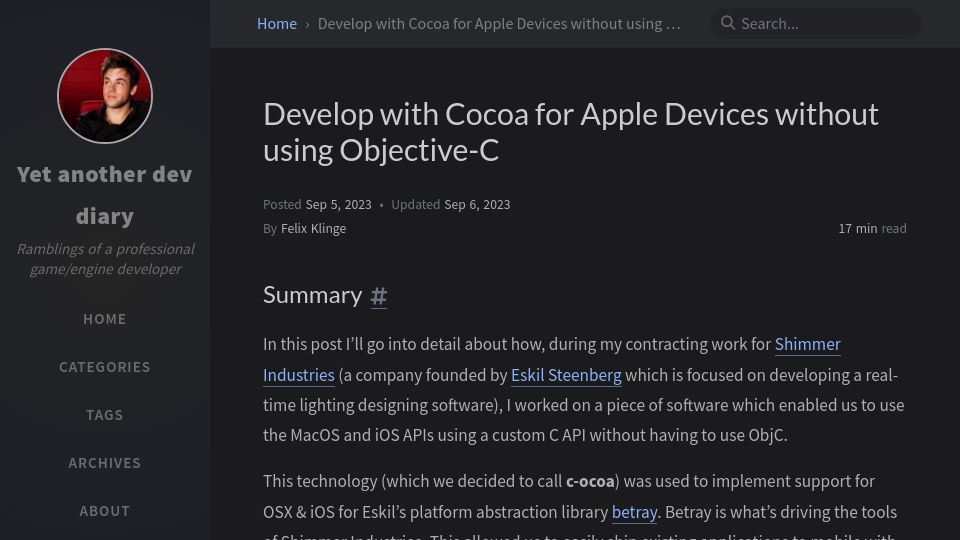 Screenshot of felixk15.github.io: Develop with Cocoa for Apple devices without using Objective-C