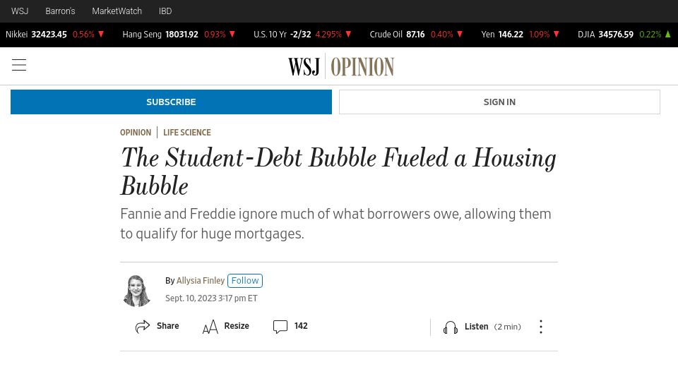 Screenshot of wsj.com: A Student-Debt Bubble Fueled a Housing Bubble