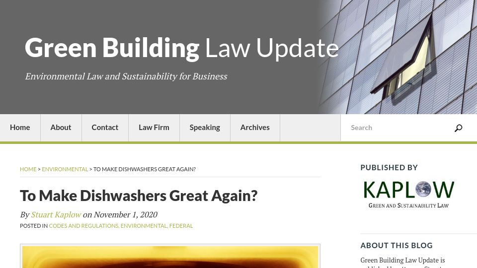 Screenshot of greenbuildinglawupdate.com: To make dishwashers great again? (2020)