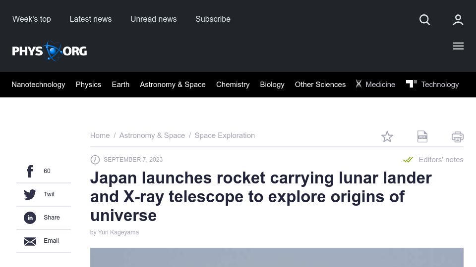 Screenshot of phys.org: Japan launches rocket carrying lunar lander and X-ray telescope