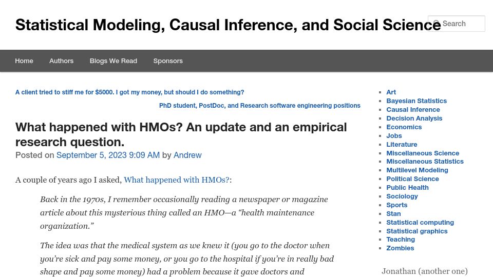 Screenshot of statmodeling.stat.columbia.edu: What happened with HMOs?