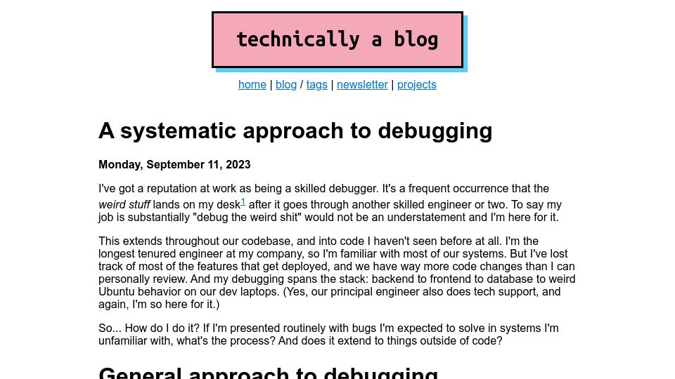 Screenshot of ntietz.com: A systematic approach to debugging
