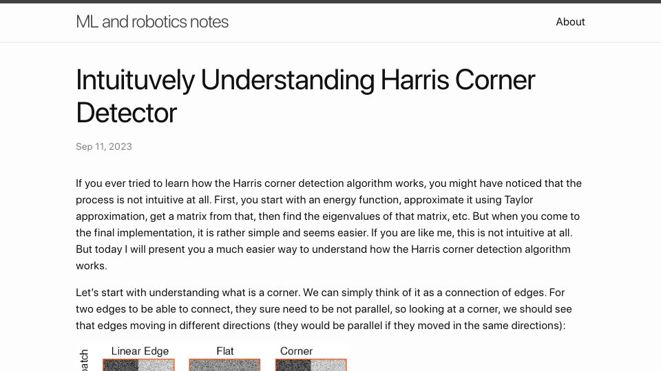 Screenshot of comsci.blog: Intuitively Understanding Harris Corner Detector