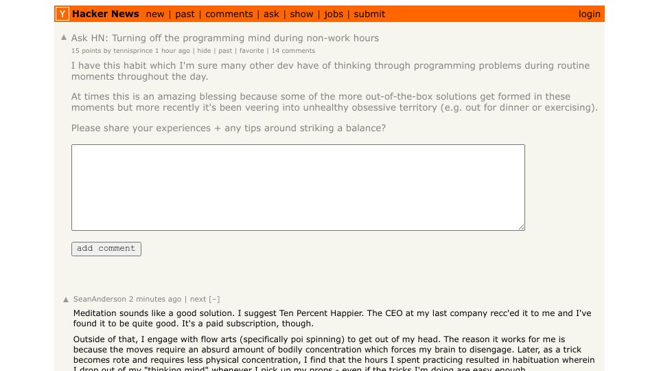 Screenshot of Hacker News post: Ask HN: Turning off the programming mind during non-work hours