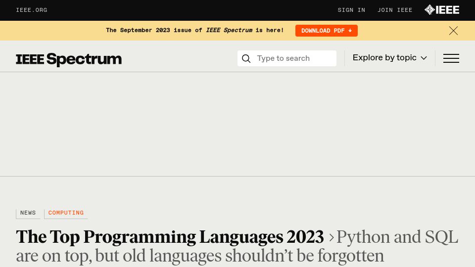 Screenshot of spectrum.ieee.org: The Top Programming Languages 2023