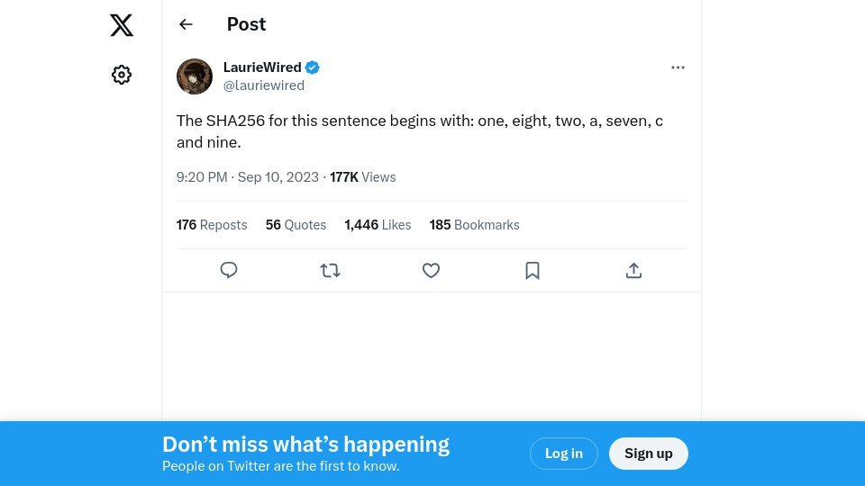 Screenshot of twitter.com: The SHA256 for this sentence begins with: one, eight, two, a, seven, c and nine.