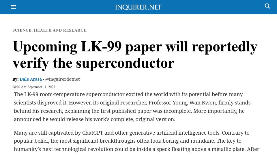 Screenshot of technology.inquirer.net: Upcoming LK-99 paper will reportedly verify the superconductor