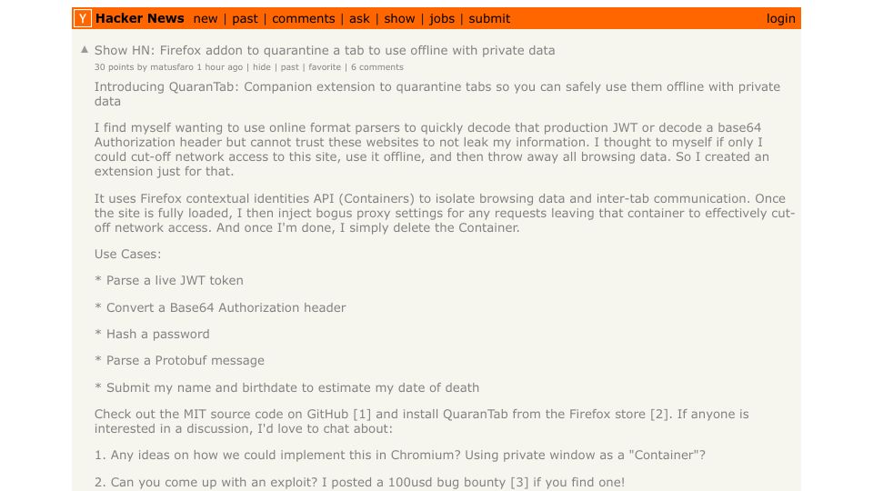 Screenshot of Hacker News post: Show HN: Firefox addon to quarantine a tab to use offline with private data