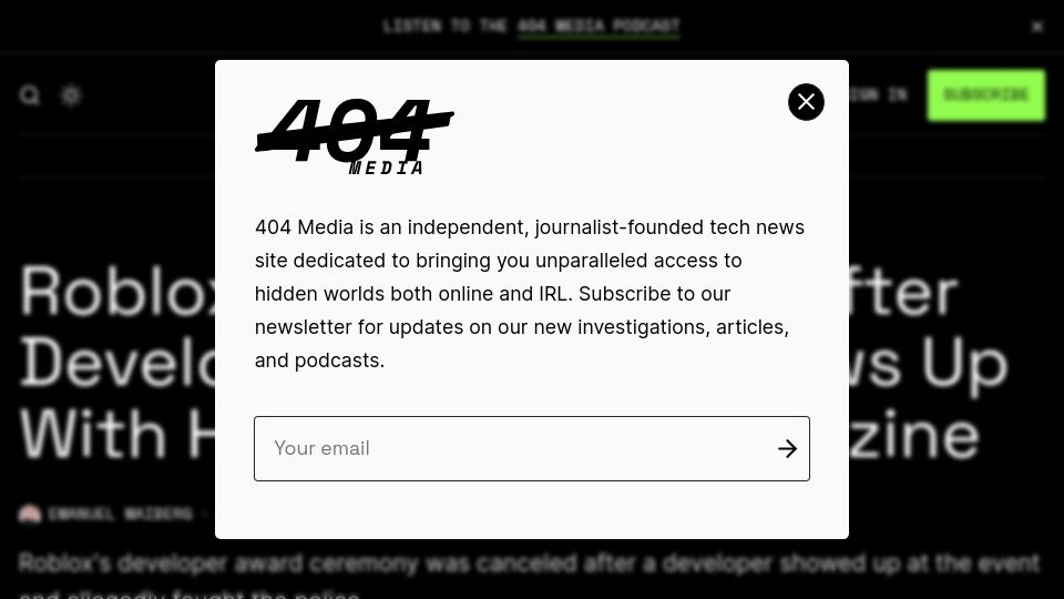 Screenshot of 404media.co: Roblox Event Canceled After Developer Allegedly Shows Up with High Capacity Mag