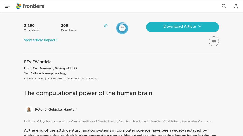Screenshot of frontiersin.org: The computational power of the human brain