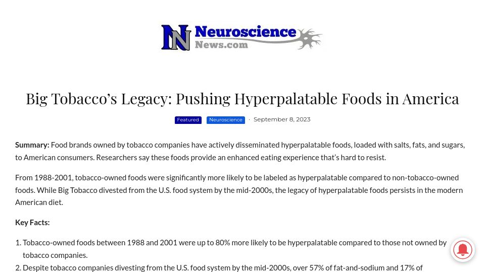 Screenshot of neurosciencenews.com: Big Tobacco’s Legacy: Pushing Hyperpalatable Foods in America