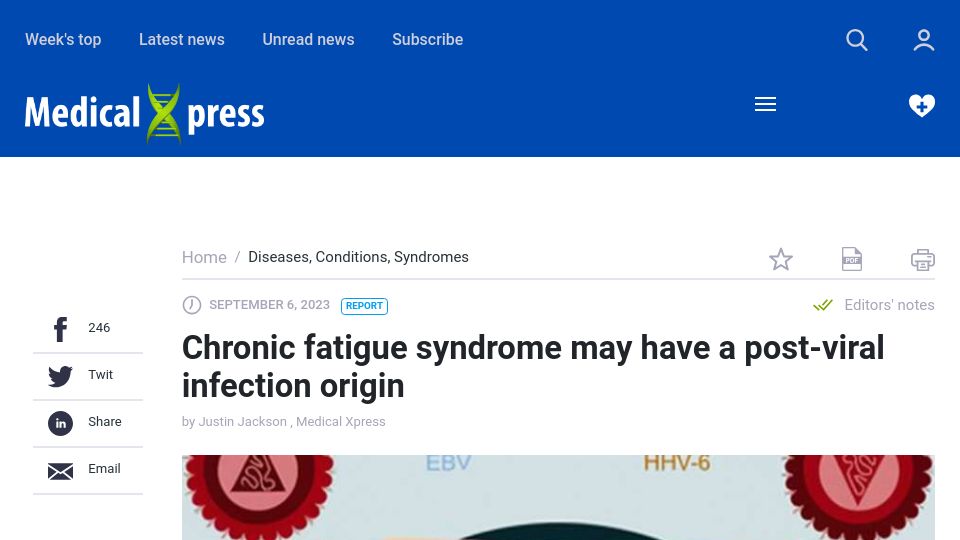 Screenshot of medicalxpress.com: Chronic fatigue syndrome may have a post-viral infection origin