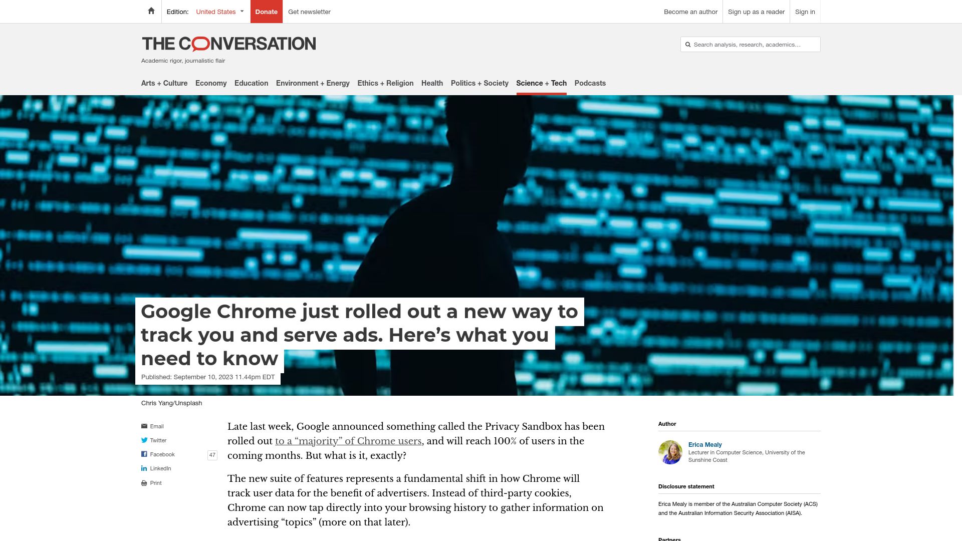 Screenshot of theconversation.com: Google Chrome just rolled out a new way to track you and serve ads
