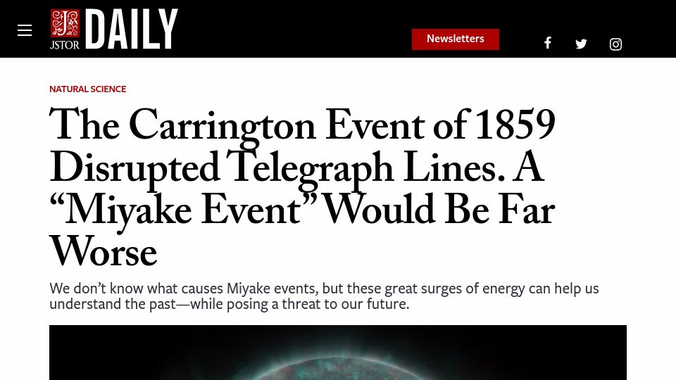 Screenshot of daily.jstor.org: The Carrington Event of 1859 disrupted telegraph lines
