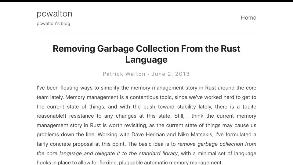 Screenshot of pcwalton.github.io: Removing garbage collection from the Rust language (2013)