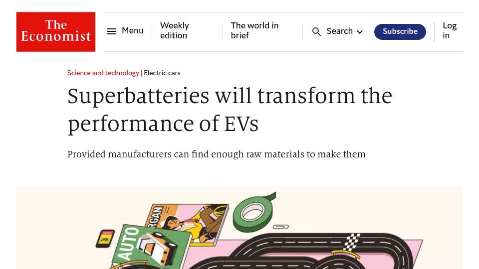 Screenshot of economist.com: Superbatteries will transform the performance of EVs