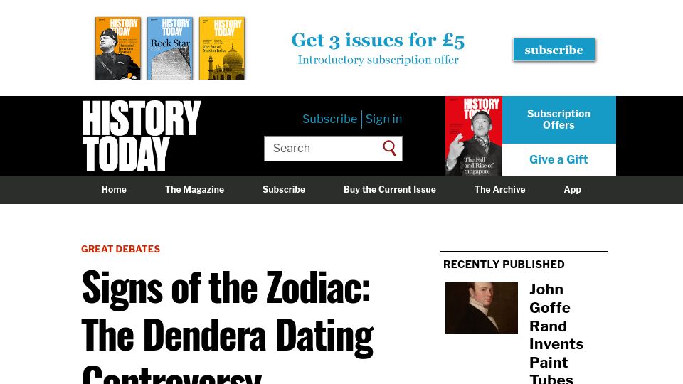 Screenshot of historytoday.com: The Dendera Dating Controversy