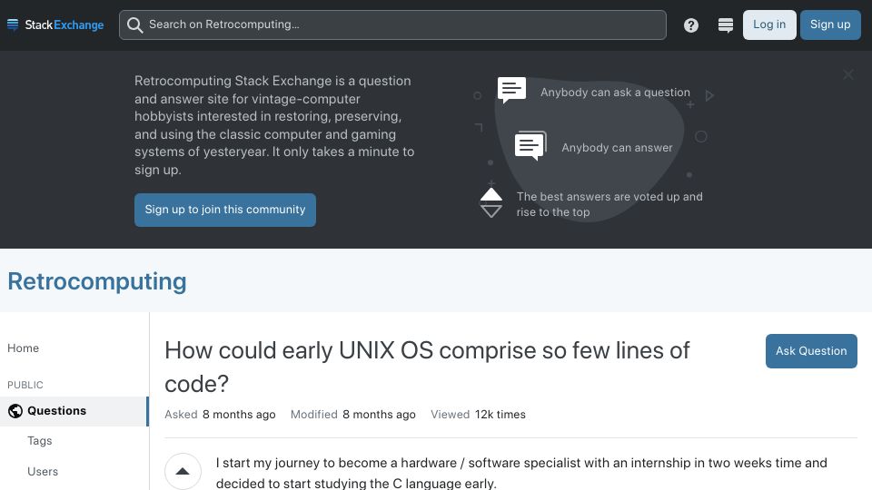 Screenshot of retrocomputing.stackexchange.com: How could the early Unix OS comprise so few lines of code?
