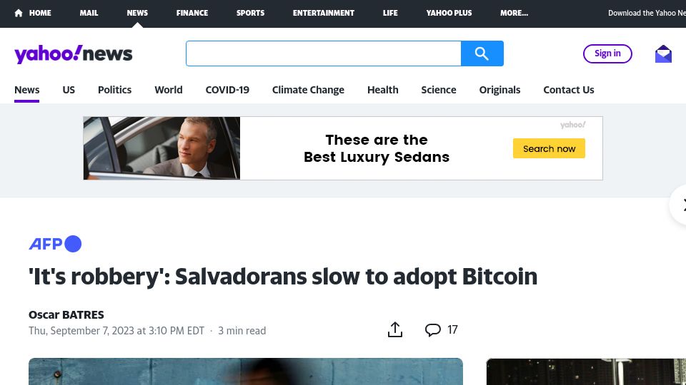 Screenshot of news.yahoo.com: It's robbery': Salvadorans slow to adopt Bitcoin