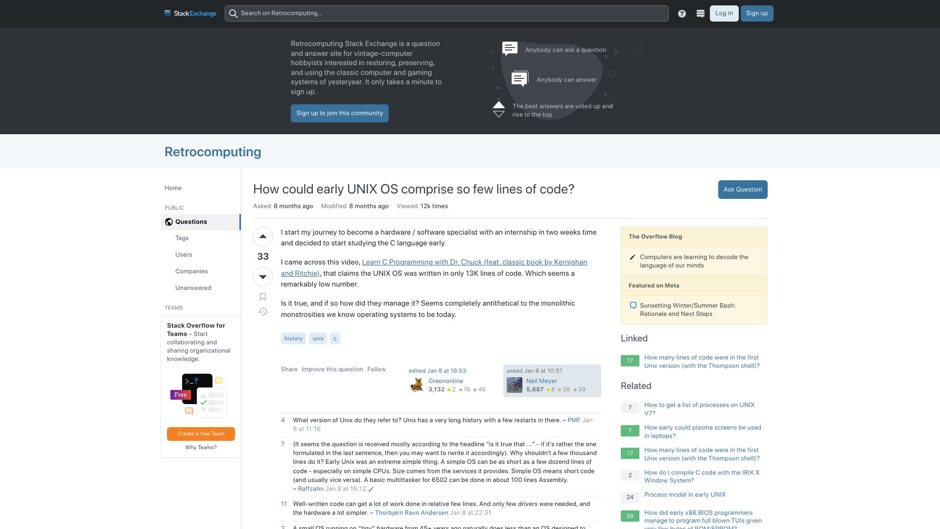 Screenshot of retrocomputing.stackexchange.com: How could the early Unix OS comprise so few lines of code?