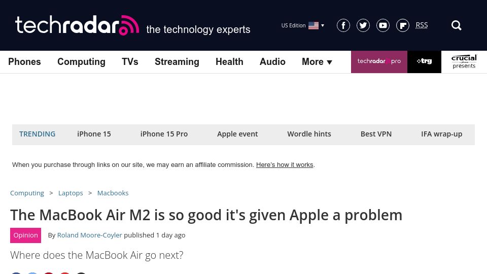 Screenshot of techradar.com: The MacBook Air M2 is so good it's given Apple a problem