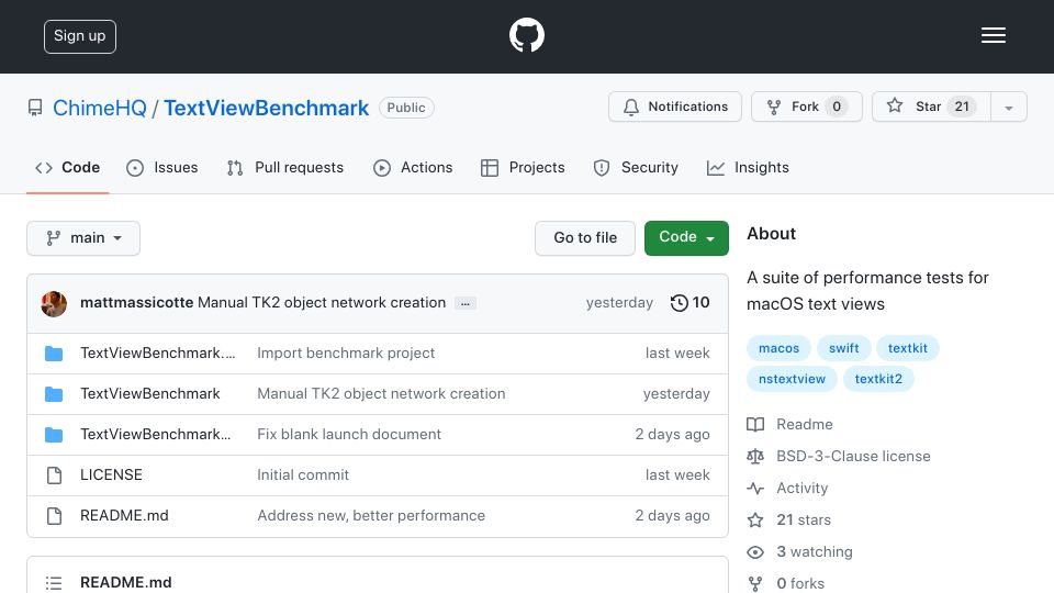 Screenshot of github.com: TextViewBenchmark: A suite of performance tests for macOS text views