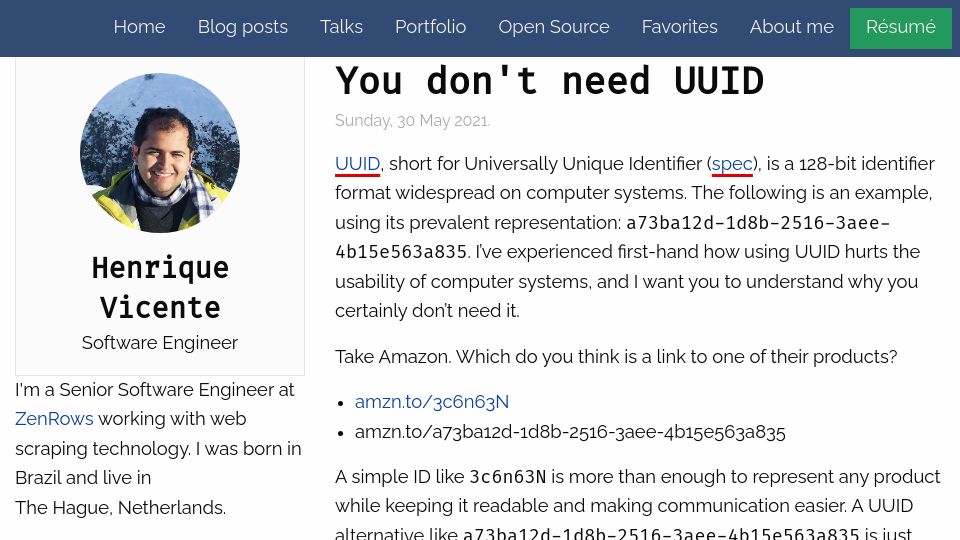 Screenshot of henvic.dev: You Don't Need UUID