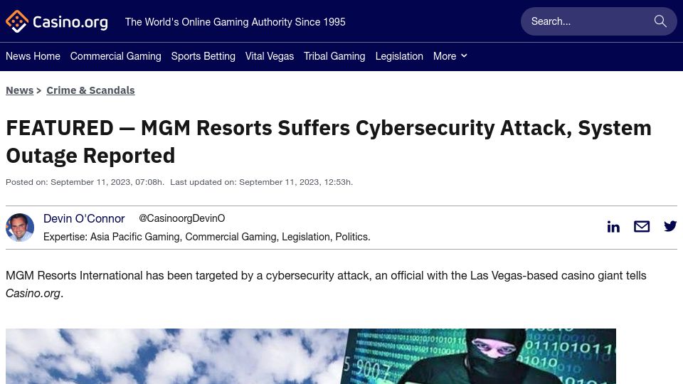Screenshot of casino.org: MGM is down, cybersecurity attack ongoing