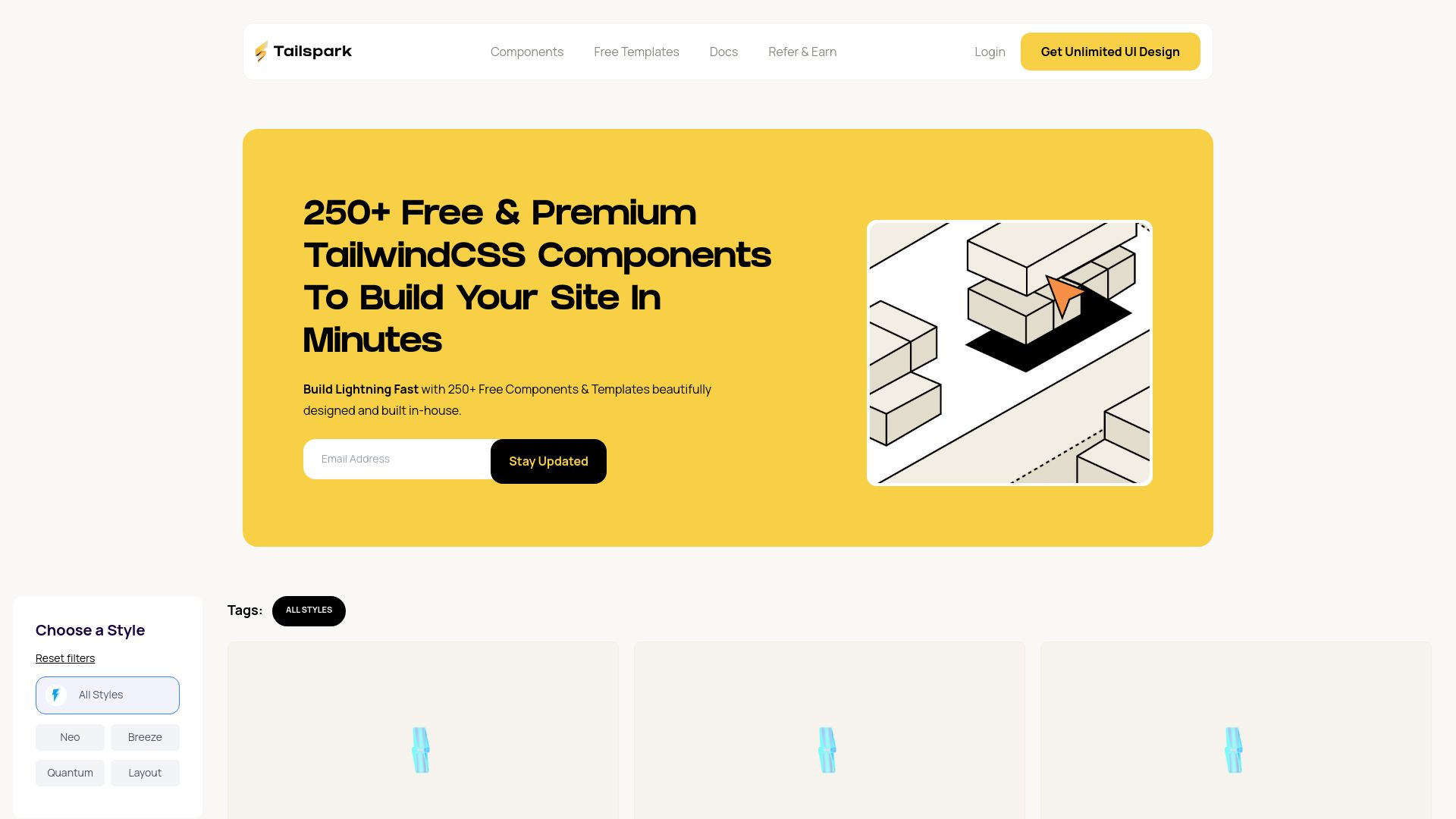 Screenshot of tailspark.co: Show HN: Free High-quality TailwindCSS Components. No attribution required