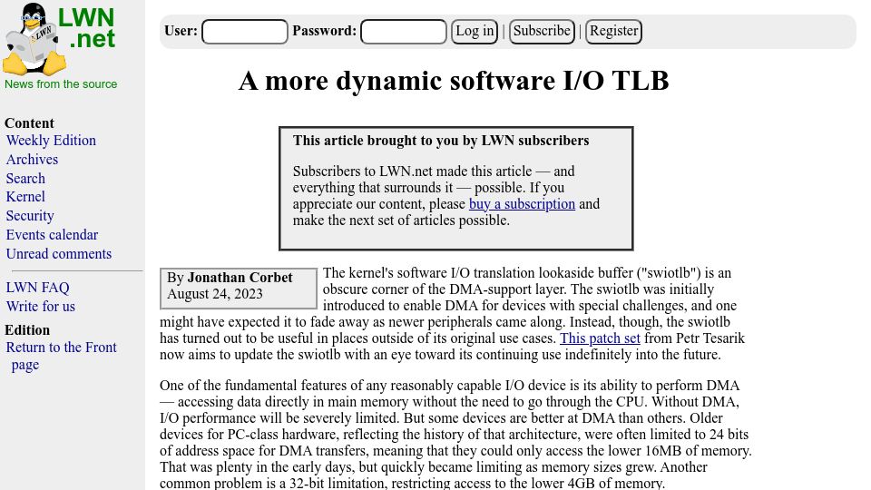 Screenshot of lwn.net: A more dynamic software I/O TLB