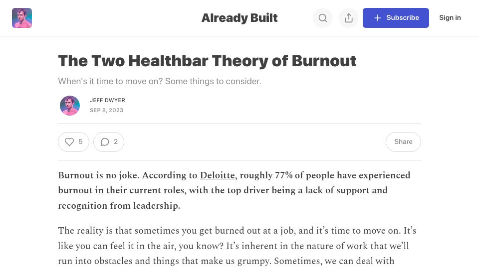 Screenshot of jdwyah.substack.com: The two healthbar theory of burnout