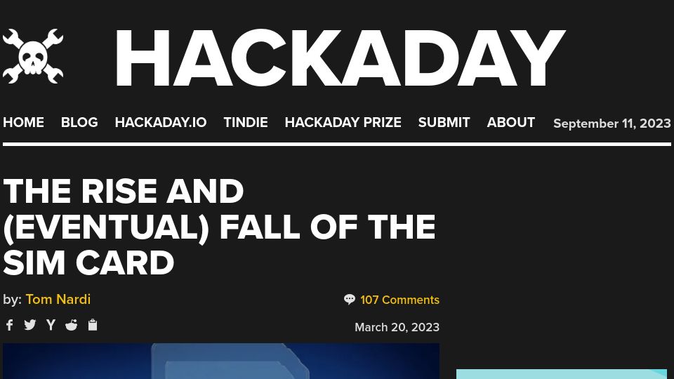 Screenshot of hackaday.com: The Rise and (Eventual) Fall of the SIM Card