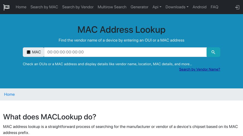 Screenshot of maclookup.app: MAC Address Vendor Lookup
