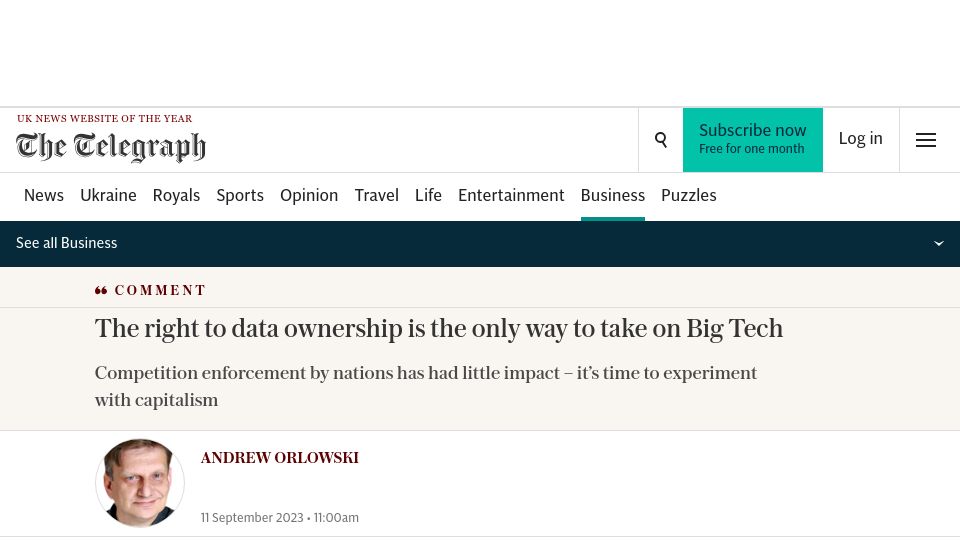 Screenshot of telegraph.co.uk: The right to data ownership is the only way to take on Big Tech