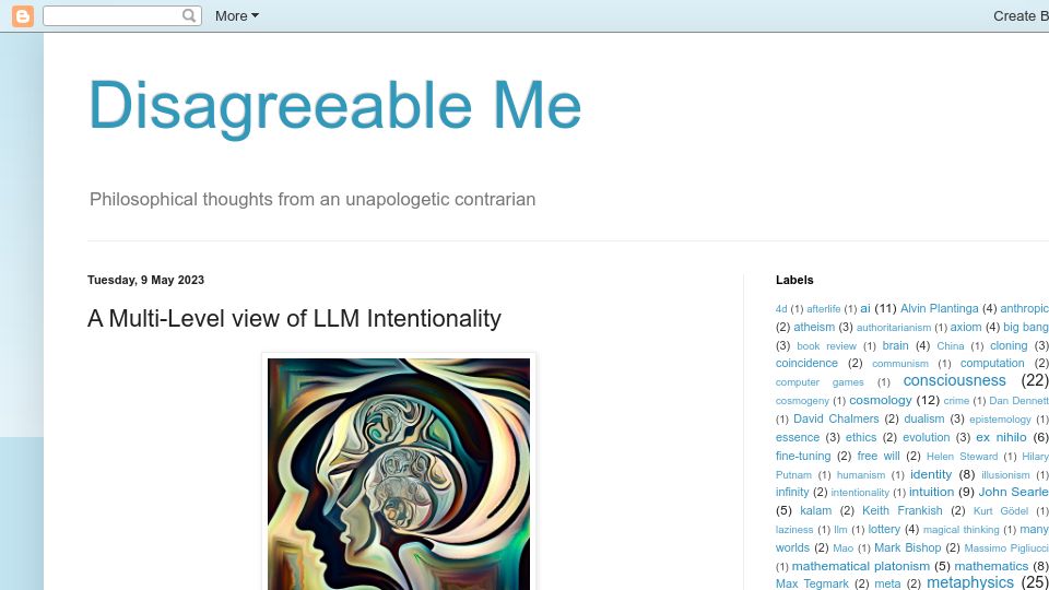 Screenshot of disagreeableme.blogspot.com: A Multi-Level View of LLM Intentionality