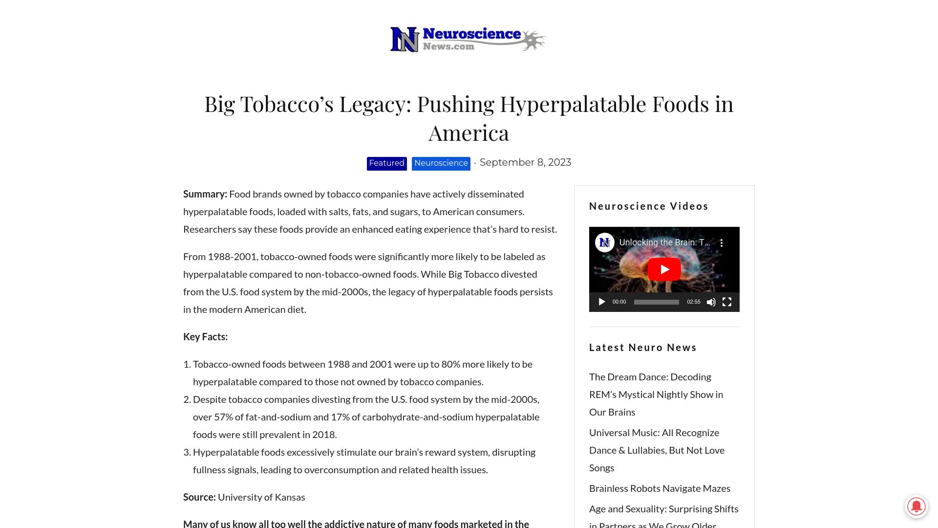 Screenshot of neurosciencenews.com: Big Tobacco’s Legacy: Pushing Hyperpalatable Foods in America