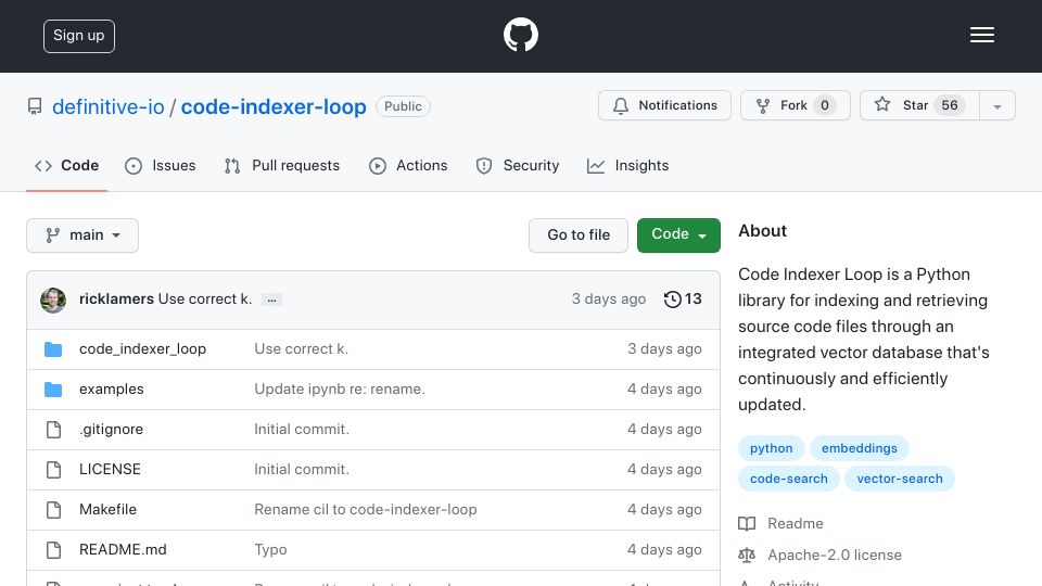 Screenshot of github.com: Show HN: Code Indexer Loop