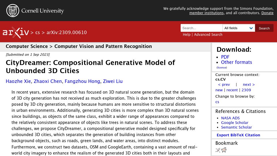 Screenshot of arxiv.org: CityDreamer: Compositional Generative Model of Unbounded 3D Cities
