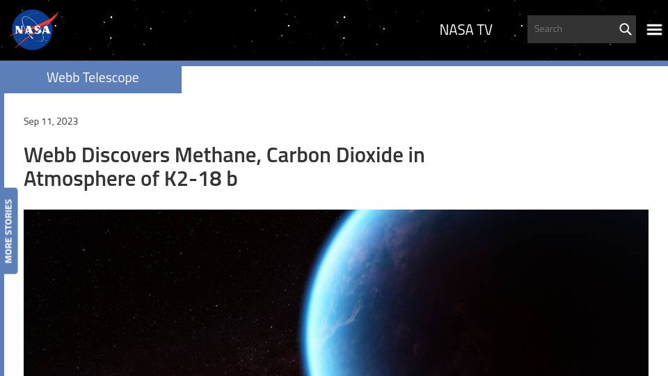 Screenshot of nasa.gov: Webb Discovers Methane, Carbon Dioxide in Atmosphere of K2-18B