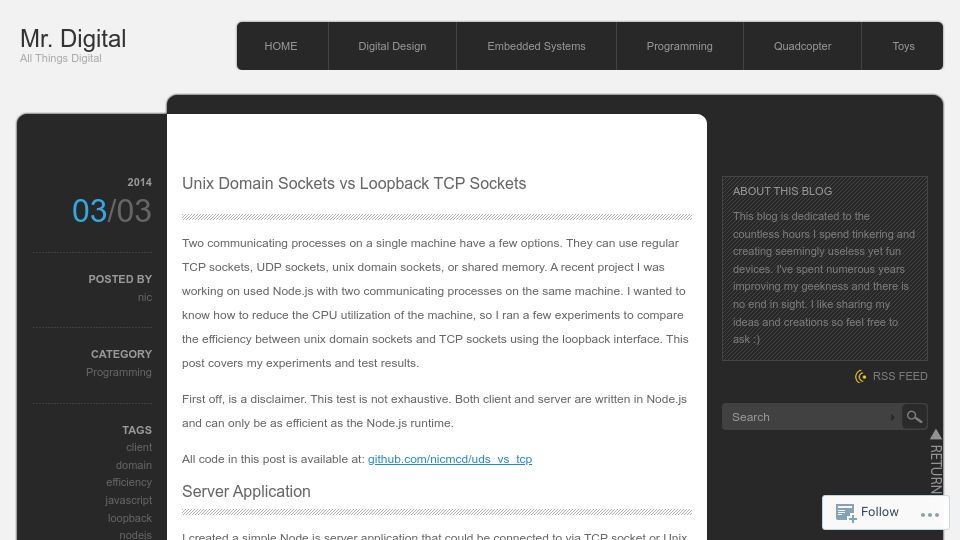 Screenshot of nicisdigital.wordpress.com: Unix Domain Sockets vs Loopback TCP Sockets (2014)