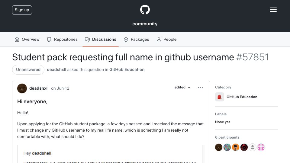 Screenshot of github.com: GitHub education pack requesting real name on public profile