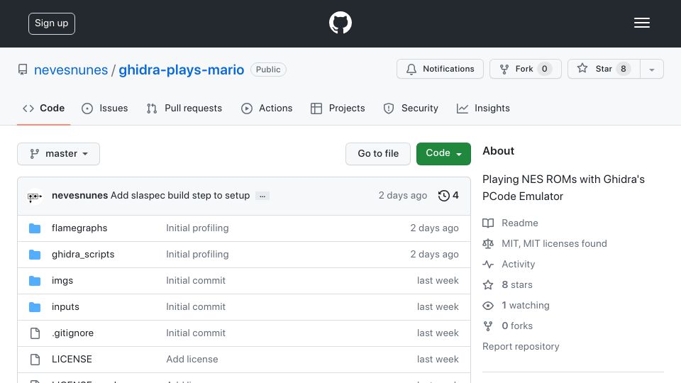 Screenshot of github.com: Show HN: Ghidra Plays Mario