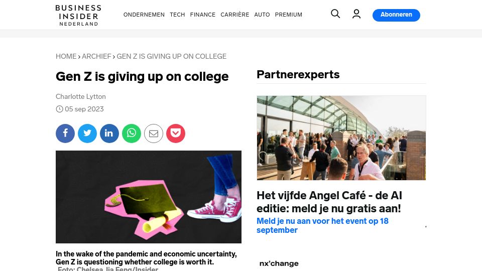 Screenshot of businessinsider.nl: Gen Z is giving up on college