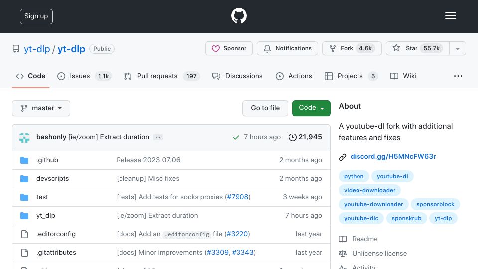 Screenshot of github.com: YouTube-dl fork with additional features and fixes