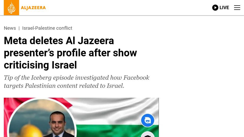 Screenshot of aljazeera.com: Meta deletes Al Jazeera presenter’s profile after show criticising Israel